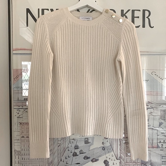 Intermix cream ribbed wool sweater with gold button details at shoulder size S - Picture 1 of 10